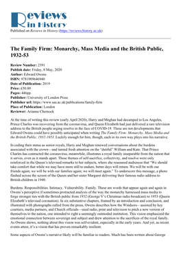 The Family Firm: Monarchy, Mass Media and the British Public, 1932-53