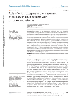 Role of Eslicarbazepine in the Treatment of Epilepsy in Adult Patients with Partial-Onset Seizures