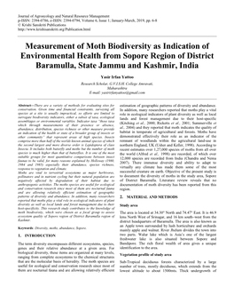 Measurement of Moth Biodiversity As Indication of Environmental Health from Sopore Region of District Baramulla, State Jammu and Kashmir, India