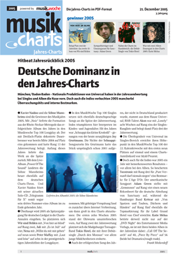 Deutsche Dominanz in Den Jahres-Charts München/Baden-Baden – Nationale Produktionen Von Universal Haben in Der Jahresendwertung Bei Singles Und Alben Die Nase Vorn