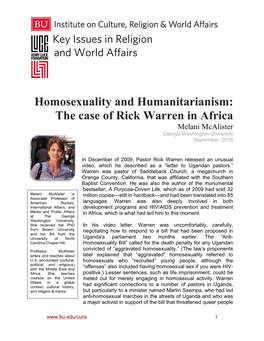 Homosexuality and Humanitarianism: the Case of Rick Warren in Africa Melani Mcalister George Washington University September, 2016