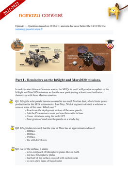 Part I - Reminders on the Insight and Mars2020 Missions