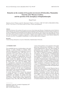 Remarks on the Cranium of Eozygodon Morotoensis (Proboscidea, Mammalia) from the Early Miocene of Africa, and the Question of the Monophyly of Elephantimorpha