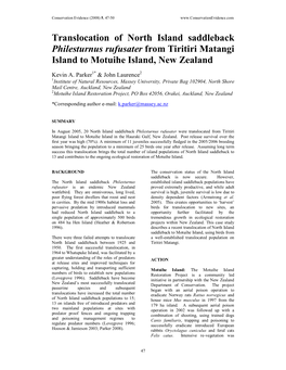 Translocation of North Island Saddleback Philesturnus Rufusater from Tiritiri Matangi Island to Motuihe Island, New Zealand