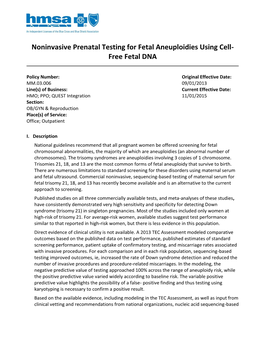 Noninvasive Prenatal Testing for Fetal Aneuploidies Using Cell- Free Fetal DNA