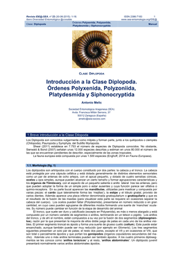 Introducción a La Clase Diplopoda. Órdenes Polyxenida, Polyzoniida, Platydesmida Y Siphonocryptida