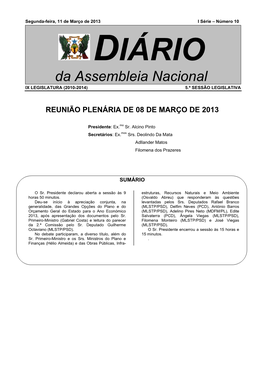 Da Assembleia Nacional IX LEGISLATURA (2010-2014) 5.ª SESSÃO LEGISLATIVA