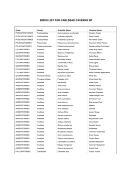 Birds List for Carlsbad Caverns Np