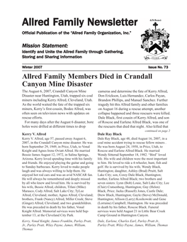 Allred Family Newsletter Is a Member Benefit of Canyon Family Support Donation Account for the the AFO