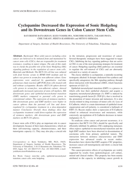 Cyclopamine Decreased the Expression of Sonic Hedgehog and Its Downstream Genes in Colon Cancer Stem Cells