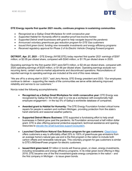 DTE Energy Reports First Quarter 2021 Results, Continues Progress in Sustaining Communities
