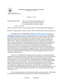 Implementation of Executive Order 13988 on the Enforcement of the Fair Housing Act