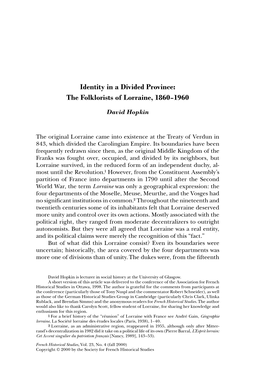 6217 FRENCH HISTORICAL STUDIES 23:4 / Sheet97 of 210 the Original Lorraine Came Into Existence at the Treaty of Verdun in 843, Which Divided the Carolingian Empire