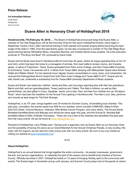 Press Release Duane Allen Is Honorary Chair of Holidayfest 2019