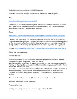 Major Canadian Isps' and Wsps' COVID-19 Responses Current As Of