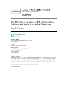 Journal of the Short Story in English, 57 | Autumn 2011 the BBC’S Caribbean Voices and the Making of an Oral Aesthetic in the West In