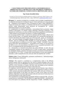 Caracterizacion Preliminar De La Geomorfologia E Hidrologia De La Microcuenca Del Rio Irquis, Parroquia Victoria Del Portete, Canton Cuenca- Provincia Del Azuay