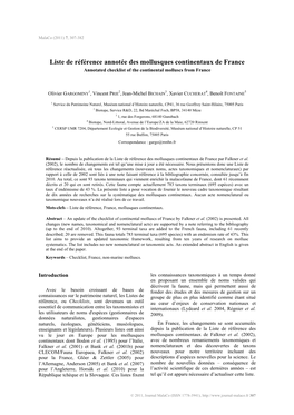 Liste De Référence Annotée Des Mollusques Continentaux De France Annotated Checklist of the Continental Molluscs from France