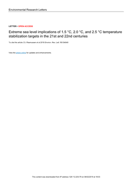 Extreme Sea Level Implications of 1.5 °C, 2.0 °C, and 2.5 °C Temperature Stabilization Targets in the 21St and 22Nd Centuries