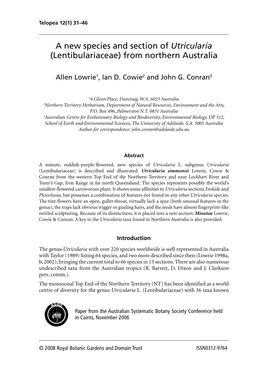 A New Species and Section of Utricularia (Lentibulariaceae) from Northern Australia