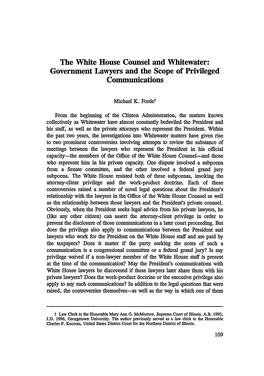 The White House Counsel and Whitewater: Government Lawyers and the Scope of Privileged Communications