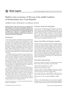 Shallow−Water Occurrence of Wiwaxia in the Middle Cambrian of the Barrandian Area, Czech Republic