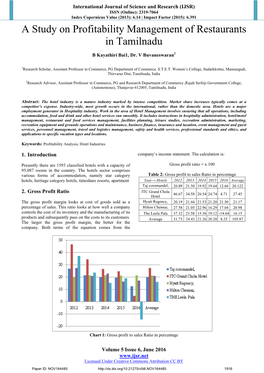 A Study on Profitability Management of Restaurants in Tamilnadu