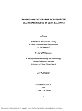 TRANSMISSION FACTORS for MICROSPORIDIAL GILL [)L!SI:Laks;E: CAUSED by LOMA Jst/Ljl/Whcwvt/U