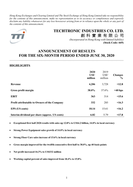 TECHTRONIC INDUSTRIES CO. LTD. 創 科 實 業 有 限 公 司 (Incorporated in Hong Kong with Limited Liability) (Stock Code: 669)