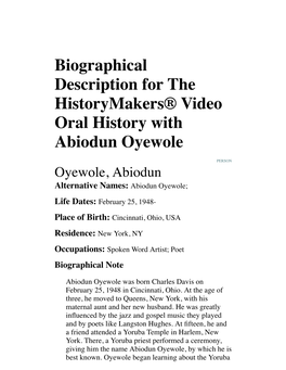 Biographical Description for the Historymakers® Video Oral History with Abiodun Oyewole