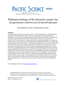 Pollination Biology of the Hawaiian Coastal Vine Jacquemontia Sandwicensis (Convolvulaceae)