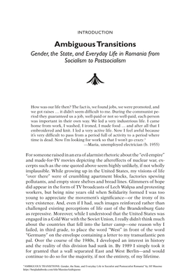 Ambiguous Transitions Gender, the State, and Everyday Life in Romania from Socialism to Postsocialism C