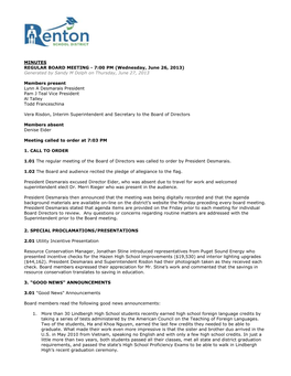 MINUTES REGULAR BOARD MEETING - 7:00 PM (Wednesday, June 26, 2013) Generated by Sandy M Dolph on Thursday, June 27, 2013