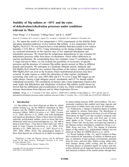 Stability of Mg‐Sulfates at −10°C and the Rates of Dehydration/Rehydration Processes Under Conditions Relevant to Mars Alian Wang,1 J