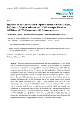 Synthesis of 5Α-Androstane-17-Spiro-Δ-Lactones with a 3-Keto, 3-Hydroxy, 3-Spirocarbamate Or 3-Spiromorpholinone As Inhibitors of 17Β-Hydroxysteroid Dehydrogenases