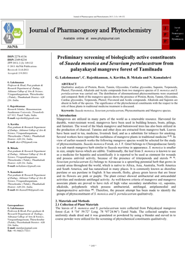 Preliminary Screening of Biologically Active Constituents of Suaeda Monoica and Sesuvium Portulacastrum from Palayakayal Mangrov