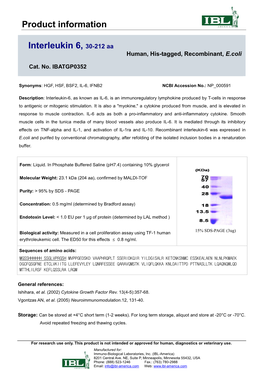 Product Information Interleukin 6, 30-212 Aa