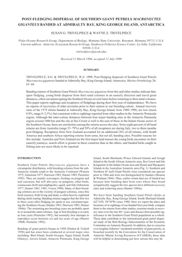 Post-Fledging Dispersal of Southern Giant Petrels Macronectes Giganteus Banded at Admiralty Bay, King George Island, Antarctica