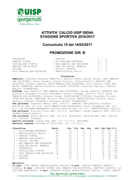 Attivita' Calcio Uisp Siena Stagione Sportiva 2016/2017