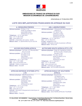 Liste Des Implantations Francaises En Afrique Du Sud