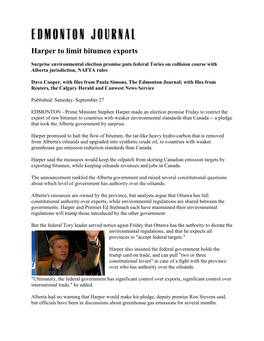 Harper to Limit Bitumen Exports