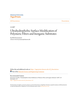 Ultrahydrophobic Surface Modification of Polymeric Fibers and Inorganic Substrates Karthik Ramaratnam Clemson University, Kramara@Clemson.Edu