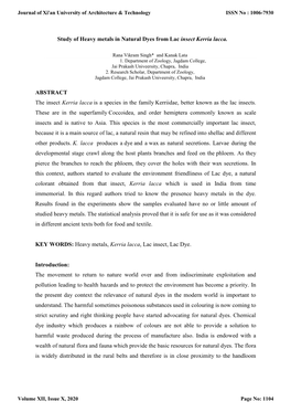 Study of Heavy Metals in Natural Dyes from Lac Insect Kerria Lacca