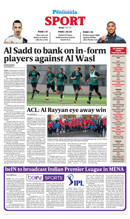 Al Sadd to Bank on In-Form Players Against Al Wasl