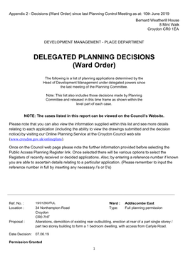 DELEGATED PLANNING DECISIONS (Ward Order)