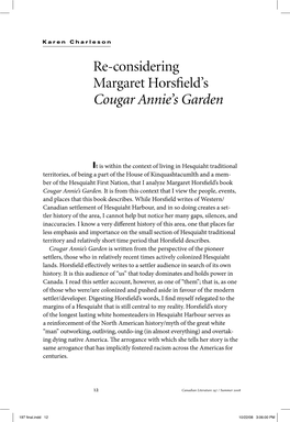 Re-Considering Margaret Horsfield's Cougar Annie's Garden
