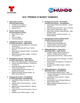 2016 “Premios Tu Mundo” Nominees