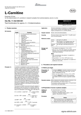 L-Carnitine Enzymatic UV Test for the Determination of L-Carnitine in Research Samples from Seminal Plasma, Serum Or Urine