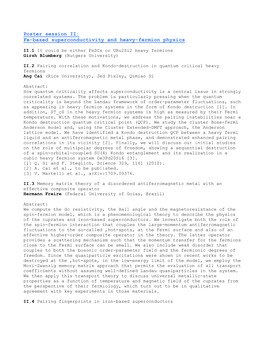 Poster Session II: Fe-Based Superconductivity and Heavy-Fermion Physics