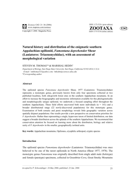 Laniatores: Triaenonychidae), with an Assessment of Morphological Variation